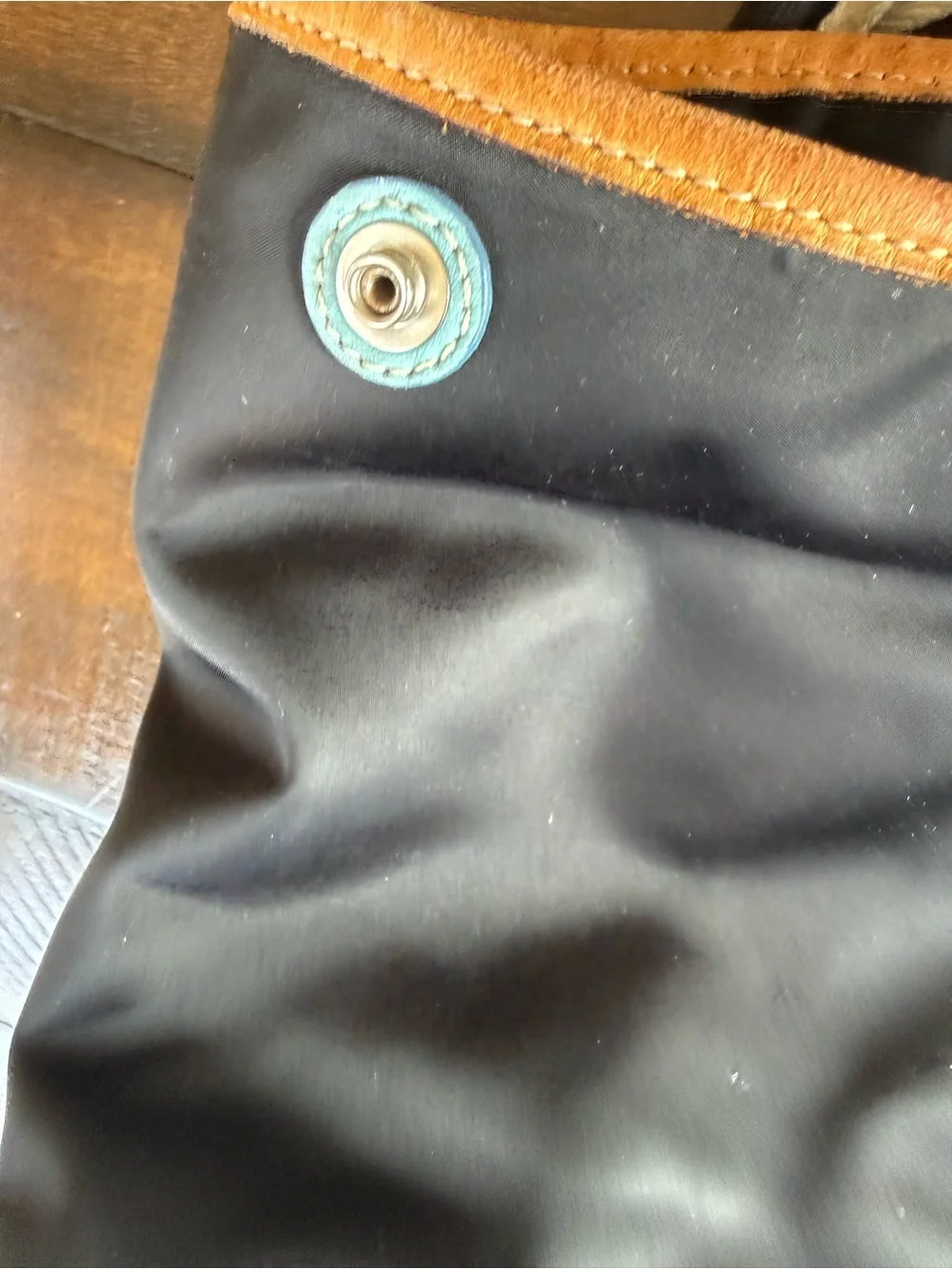 Coach Black Canvas Tote with Teal Trim and Tan Accents
